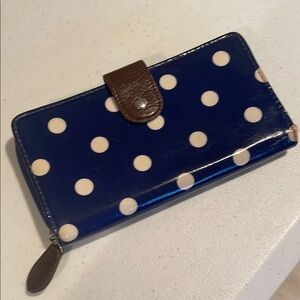 Blue Polka Dot Wallet with Brown Accents